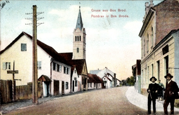 Ak Bosanski Brod Bosnien und Herzegowina, Straßenpartie, Kirche
