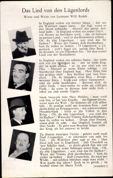 Lied Ak Das Lied von den Lügenlords, Willi Rudek, Churchill, Halifax, Duff Cooper