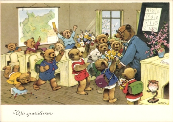 Künstler Ak Baumgarten, Fritz, Wir gratulieren, vermenschlichte Bären in der Schulklasse, Lehrer
