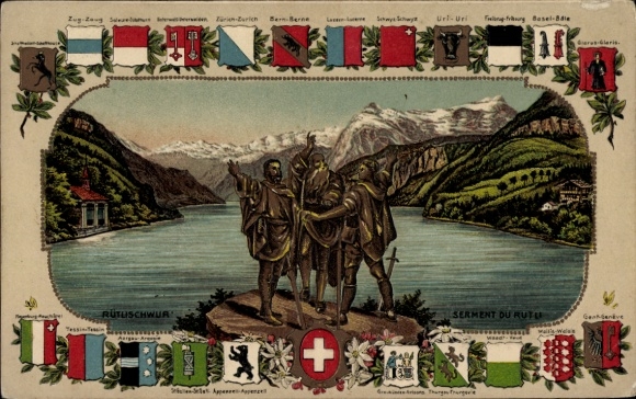 Präge Wappen Passepartout Litho Schweiz, Rütlischwur
