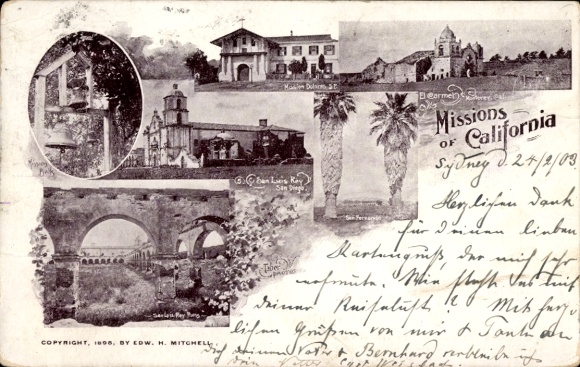 Ak Mission von Kalifornien, Kirche, Brücke, Palmen