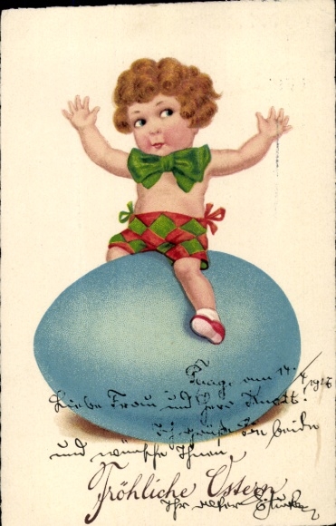 Künstler Ak Glückwunsch Ostern, Kind sitzt auf einem Osterei