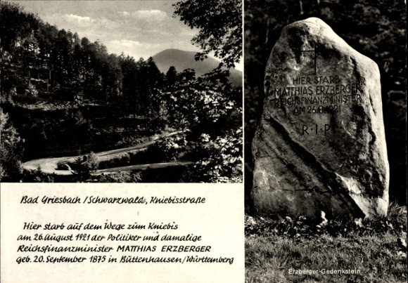 Ak Bad Griesbach im Schwarzwald Baden, Kniebisstraße, Erzberger Gedenkstein