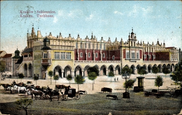 Ak Kraków Krakau Polen, Kraków Sukiennice, Tuchhaus, Pferdewagen, Bäume, Menschen