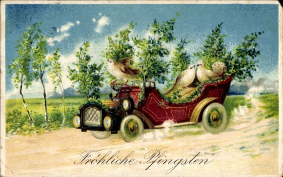 Präge Ak Glückwunsch Pfingsten, Vögel fahren Auto, Birken
