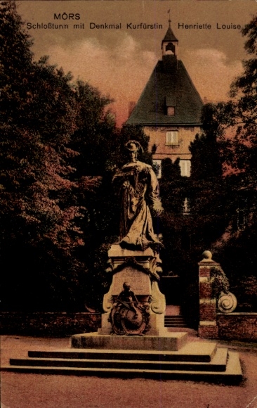 Ak Mors Dänemark, Schloßturm, Denkmal Kurfürstin Henriette Louise, Statue, Parkanlage