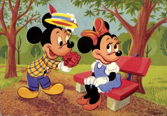 Ak Walt Disney, Micky Maus, Minnie Maus, Blumen