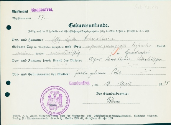 Geburtsurkunde, Elly Schwabbauer, ausgestellt 10. April 1935