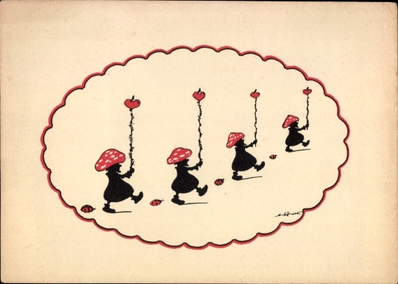 Scherenschnitt Ak Forck, Elsbeth, Fliegenpilze tragen Herzen, Marienkäfer