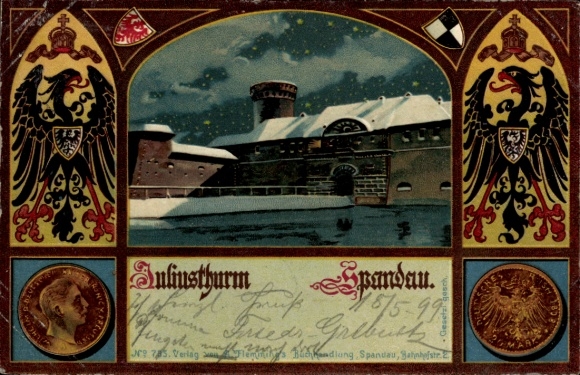 Wappen Litho Berlin Spandau, Juliusturm, Winter, Münze, Kaiser Wilhelm II.