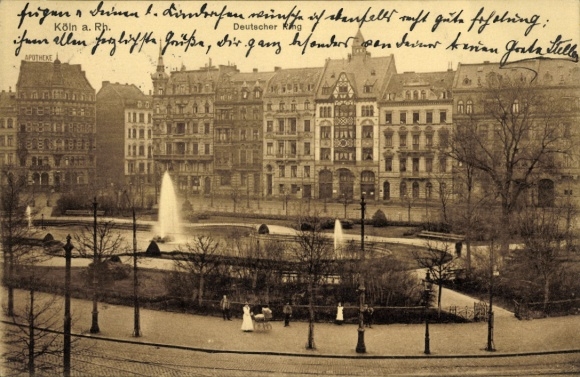 Ak Cöln Köln am Rhein, Brunnen, Parklandschaft,  Gebäude, Apotheke, Deutsche Schrift