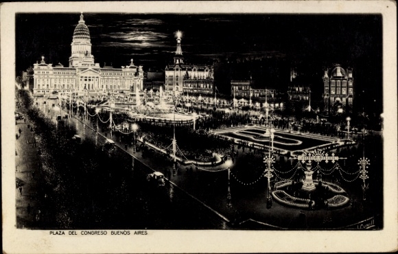 Ak Buenos Aires Argentinien, Plaza del Congreso,  nächtliche Beleuchtung, Menschenmenge, Brunnen
