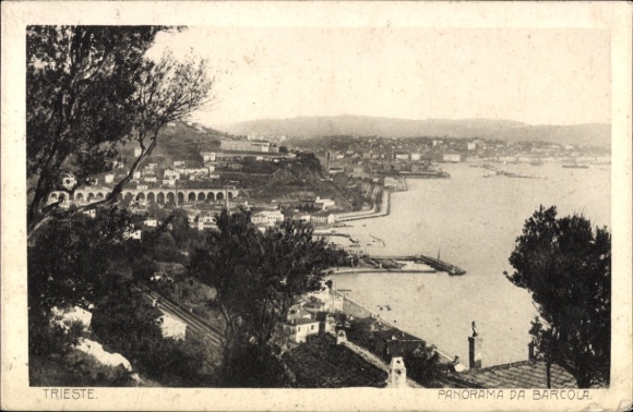 Ak Triest Trieste Friuli Venezia Giulia, Panorama von  Blick auf die Küste, Bäume im Vordergrund
