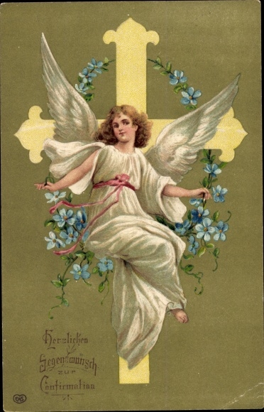 Präge Ak Glückwunsch Konfirmation, Engel, Kreuz, Vergissmeinnicht