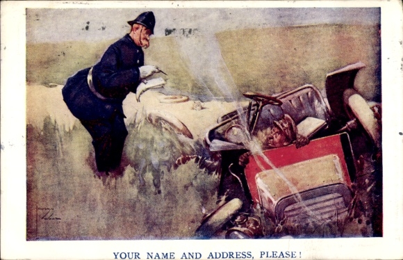 Künstler Ak Wood, Lawson, Your Name and Address please, Automobil nach Unfall, Polizist