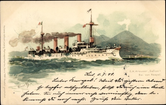 Künstler Litho Bohrdt, Hans, Napoli Neapel Campania, Deutsches Kriegsschiff, SMS Gefion, Kreuzer