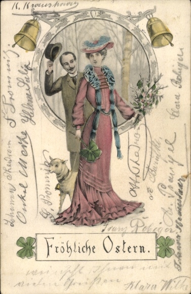 Ak Glückwunsch Ostern, Liebespaar, Lamm, Glocken