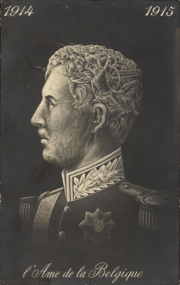 Ak Die Seele Belgiens 1914-1915, König Albert I., Portrait, Schlachtszene
