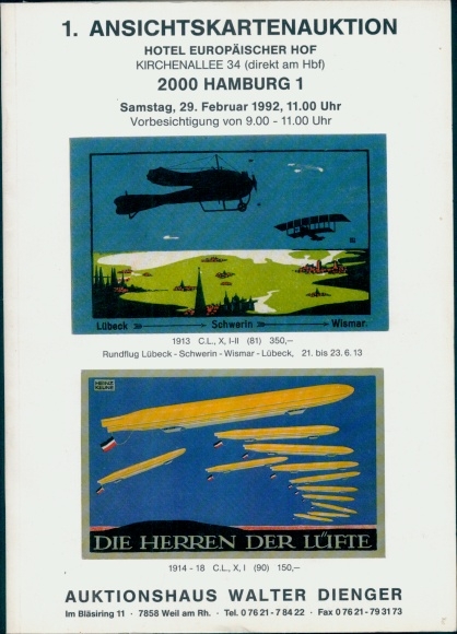 Katalog Auktionshaus Walter Dienger, 1. Ansichtskartenauktion Hotel Europ. Hof Hamburg, 29.2.1992