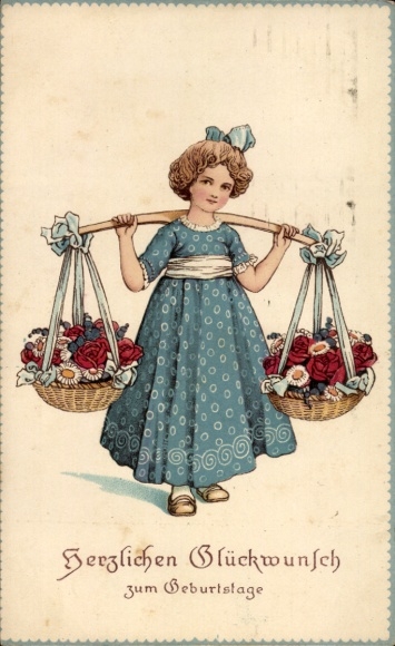 Litho Glückwunsch Geburtstag, Mädchen mit zwei Körben voller Blumen