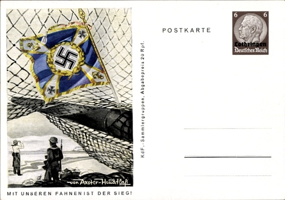 Ganzsachen Künstler Ak von Axster Heudtlaß, Mit unseren Fahnen ist der Sieg, Küstengeschütz