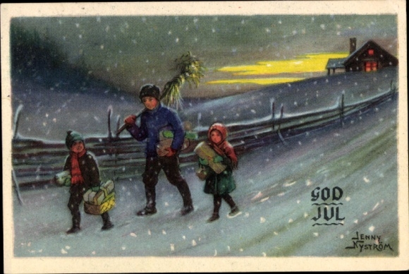 Künstler Ak Nyström, Jenny, Frohe Weihnachten, Mann und Kinder mit Geschenken