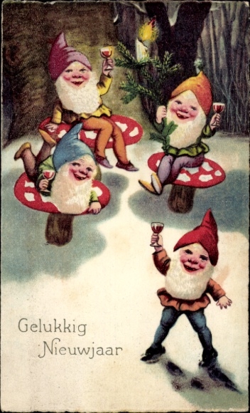 Ak Glückwunsch Neujahr, Zwerge, Fliegenpilze
