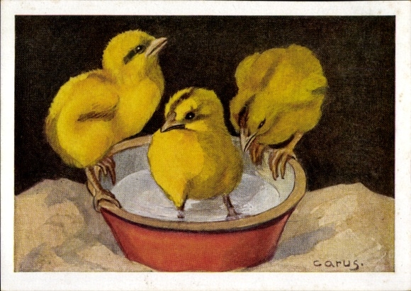 Künstler Ak Carus, Seid gut zu den Tieren, Hühnerküken