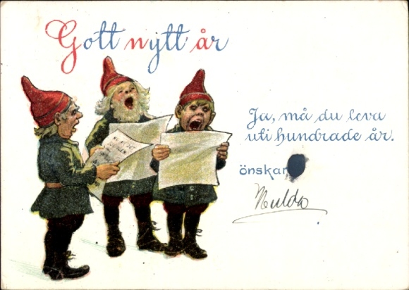 Künstler Ak Nyström, Jenny, Fröhliches Neujahr, singende Zwerge