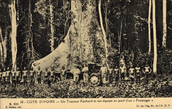Ak Elfenbeinküste, Un Tracteur Panhardet son équipe au pied d'un Fromager, Traktor