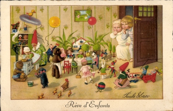 Künstler Ak Ebner, Pauli, Kinder, Spielzeug, Puppen, Stofftiere