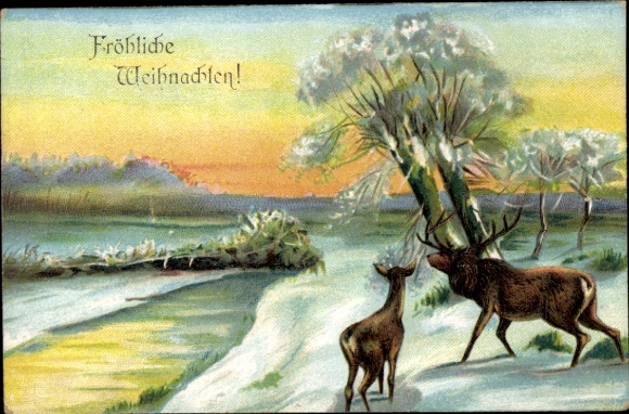 Ak Glückwunsch Weihnachten, Winterlandschaft mit Hirschen