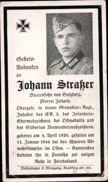 Sterbebild Johann Straßer, Sulzberg, Obergefr. Gren. Regt., EK 2, ISA, Ostmed., Verw.Abz., 1920-1944