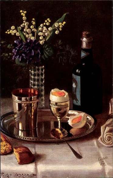 6 Künstler AK im Umschlag Eierstillleben von Fritz Hildebrandt