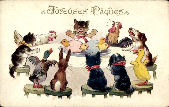 Ak Glückwunsch Ostern, Tieren bei einem Osteressen, Küken, Humor