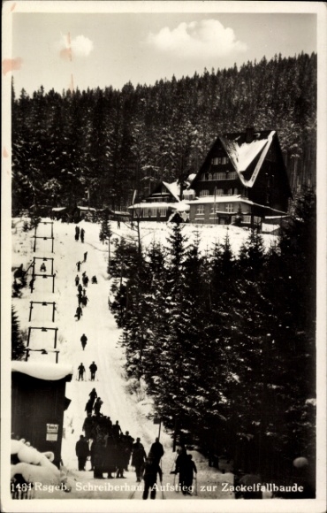 Ak Szklarska Poręba Schreiberhau Riesengebirge Schlesien, Aufstieg zur Zackelfallbaude, Skilift