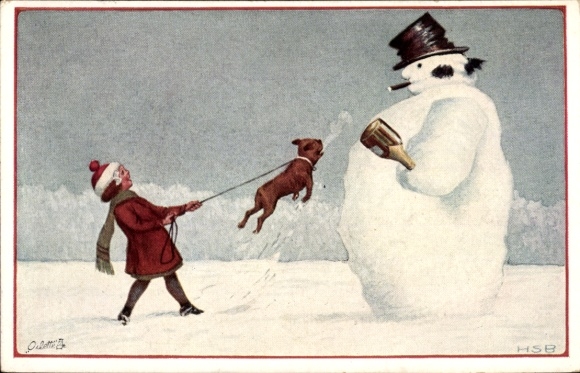 Künstler Ak Schultz, H., Schneemann mit Sektflasche, Mädchen mit Hund