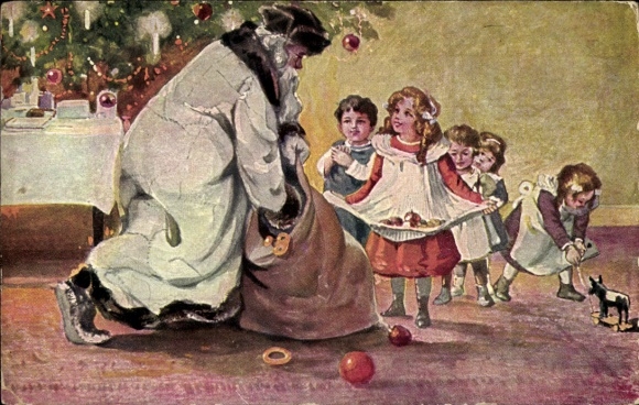 Ak Frohe Weihnachten, Weihnachtsmann überreicht Kindern Geschenke