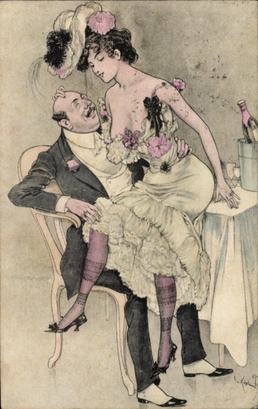 Künstler Ak Liebespaar, Frau sitzt auf dem Schloss eines Mannes