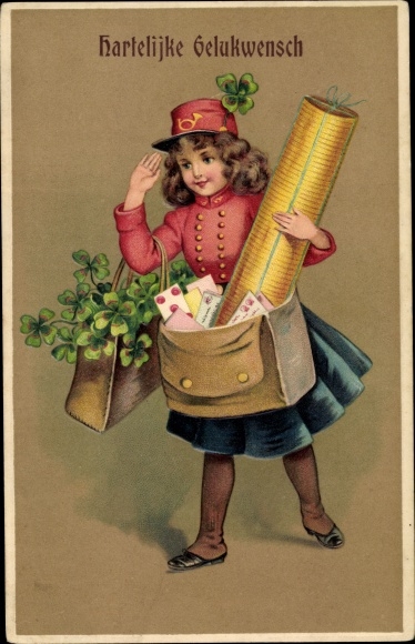 Präge Ak Hartelijke Gelukwensch, Glückwunsch, Mädchen als Postbotin, Münzen, Klee