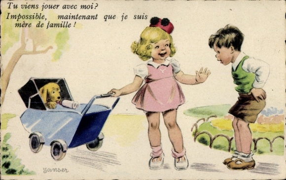 Künstler Ak Janser, Kinder, Hund im Kinderwagen, Park