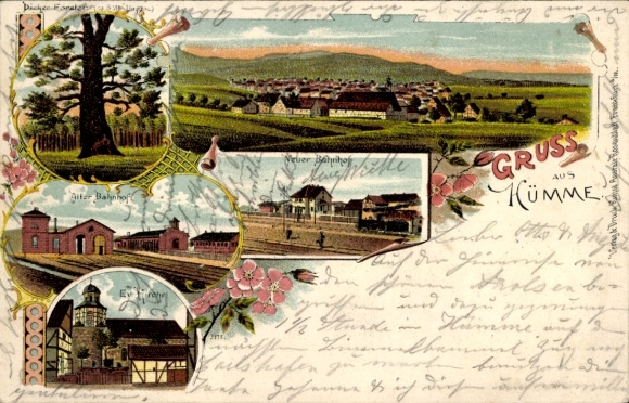 Litho Hümme Hofgeismar in Nordhessen, Neuer u. alter Bahnhof, Kirche, Dicker Förster