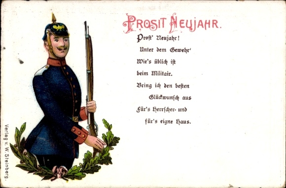 Ak Fröhliches Neujahr, deutscher Soldat mit Gewehr, Gedicht