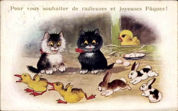 Künstler Ak Ich wünsche Ihnen ein strahlendes und frohes Osterfest, Küken, Katzen, Hasen