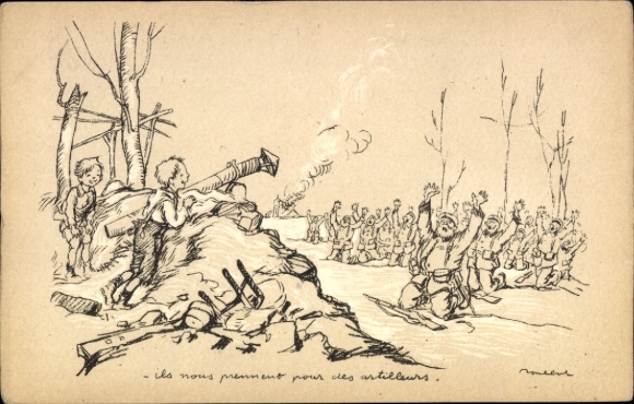Künstler Ak Poulbot, Francisque, Ils nous prennent pour des artilleurs, Soldaten ergeben sich