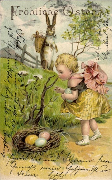 Litho Glückwunsch Ostern, Osterhase, Ostereier