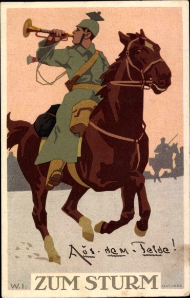 Steindruck Ak Zum Sturm, Reiter bläst zum Angriff