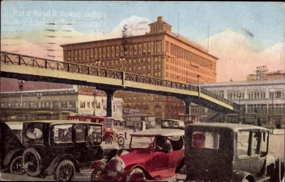 Ak San Francisco Kalifornien USA, Fuß der Market St, Southern Pacific Gebäude,  alte Autos