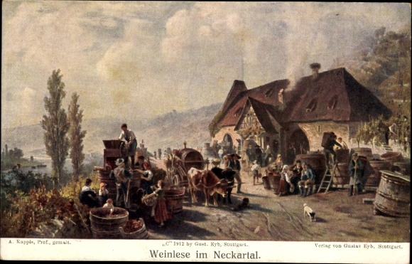 Künstler Ak Kappis, A., Weinlese im Neckartal, Rinderfuhrwerk, Bottiche, Weingut