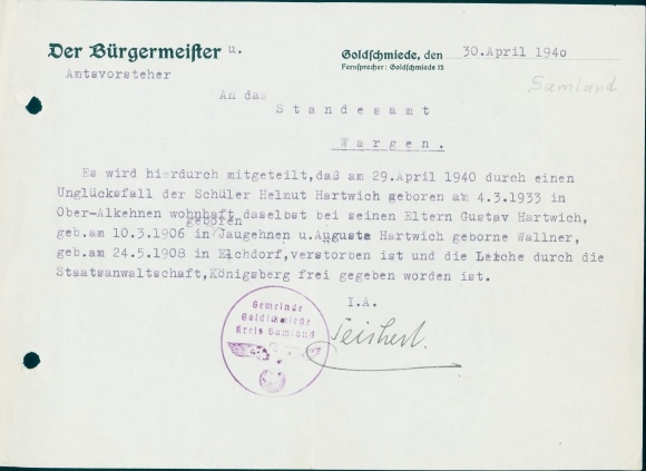 Sterbeurkunde, Helmut Hartwich, 29. April 1940, Wargen, Samland, Unglücksfall